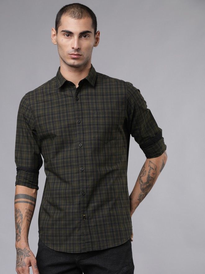 Buy Highlander Olive Green Black Slim Fit Checked Casual Shirt For