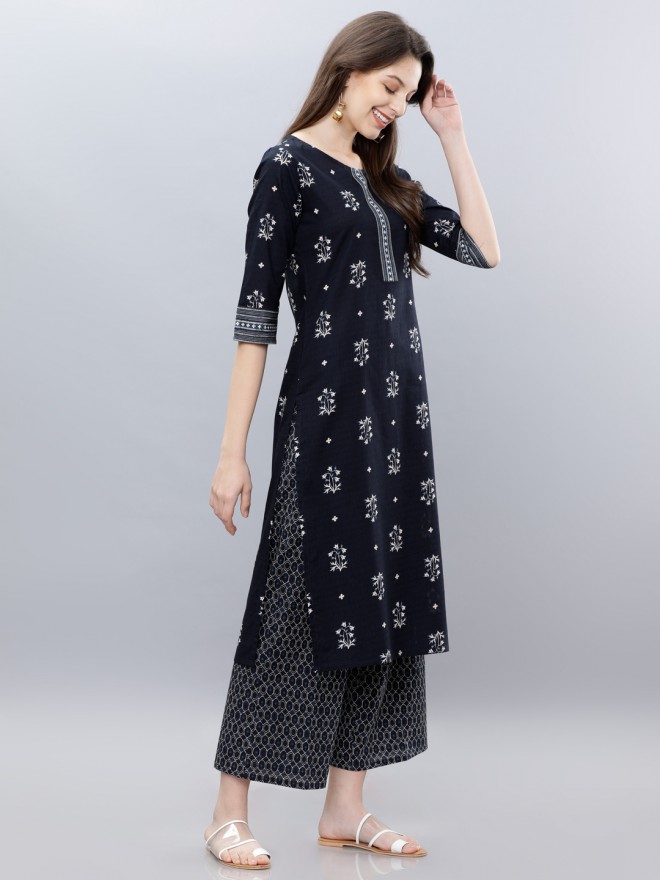 Buy Vishudh Navy Blue Off White Ethnic Motifs Printed Straight Kurta