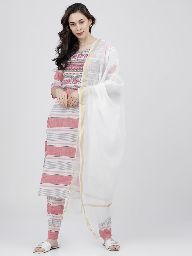 Buy Vishudh Coral Off White Striped Straight Kurta With Palazzo