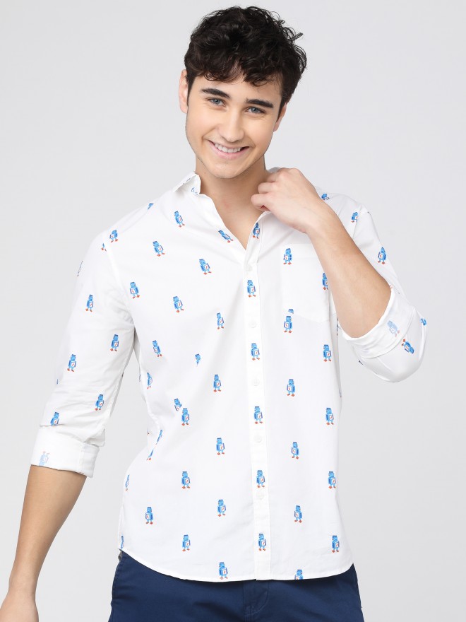 Buy Highlander White Blue Slim Fit Printed Casual Shirt For Men