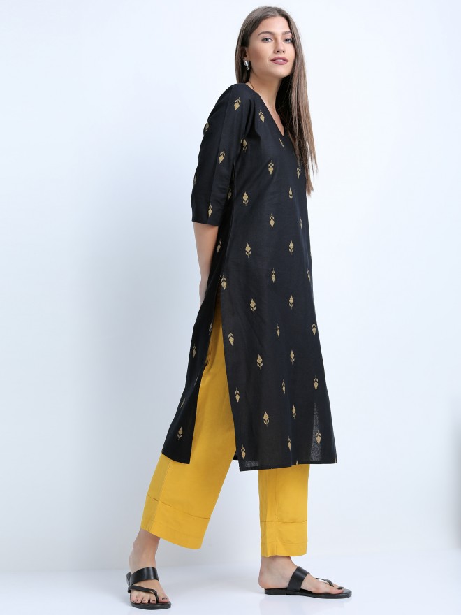 Buy Vishudh Black Yellow Ethnic Motifs Printed Straight Kurta For Women