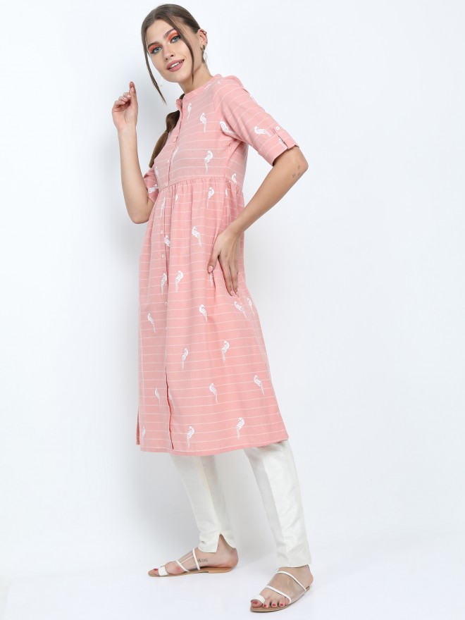 Buy Vishudh Peach White Striped Striped Straight Kurta For Women Online