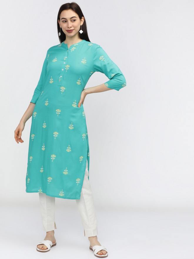 Buy Vishudh Blue Floral Printed Straight Kurta For Women Online At Rs