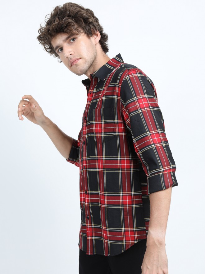 Buy Highlander Black Red Slim Fit Checked Casual Shirt For Men Online