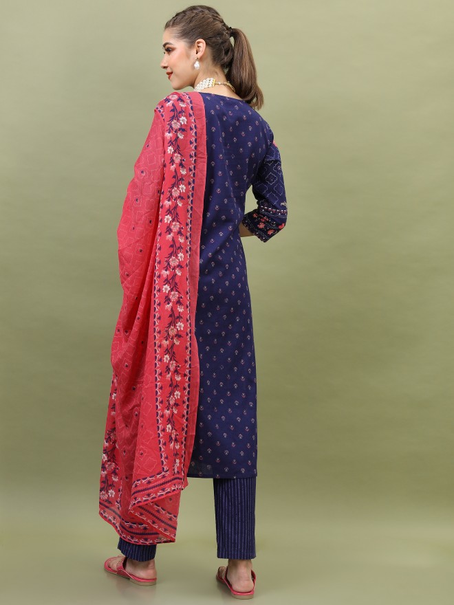 Buy Vishudh Blue Red Floral Printed Straight Kurta With Trouser And