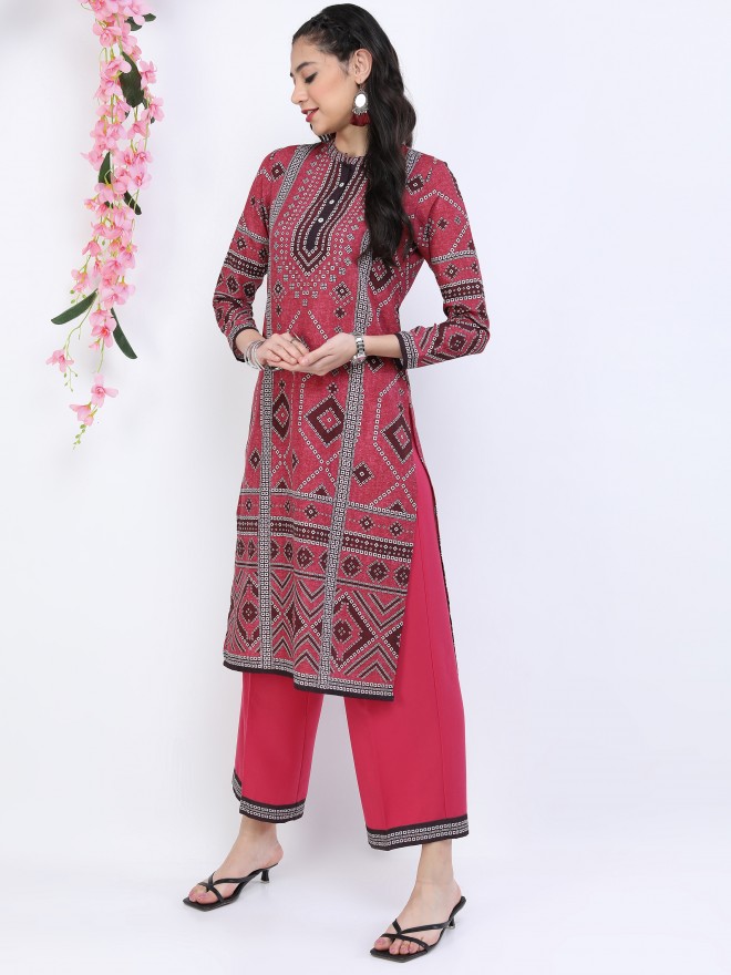 Buy Vishudh Pink Ethnic Motifs Straight Kurta With Palazzo For Women