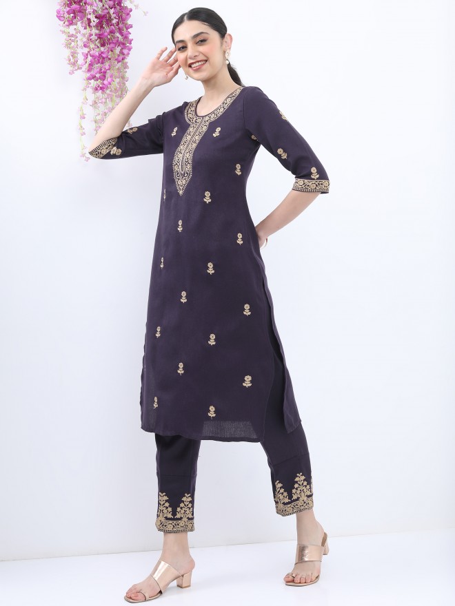 Buy Vishudh Dark Purple Ethnic Motifs Printed Kurta With Palazzo For