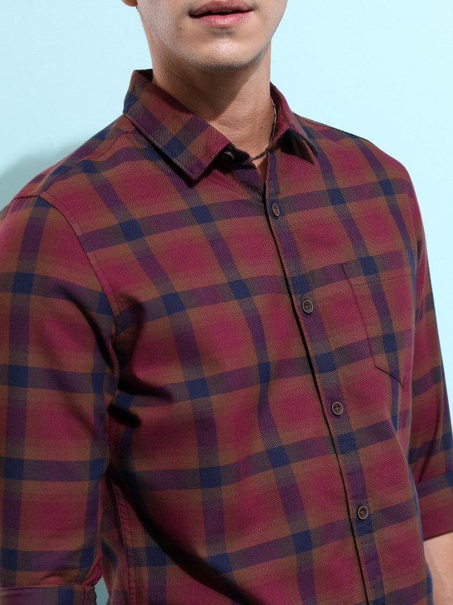 Buy Highlander Burgundy Checked Slim Fit Casual Shirt For Men Online At