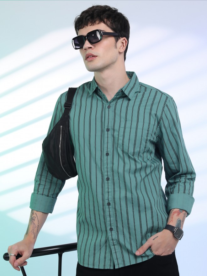 Buy Highlander Sea Green Striped Slim Fit Casual Shirt For Men Online