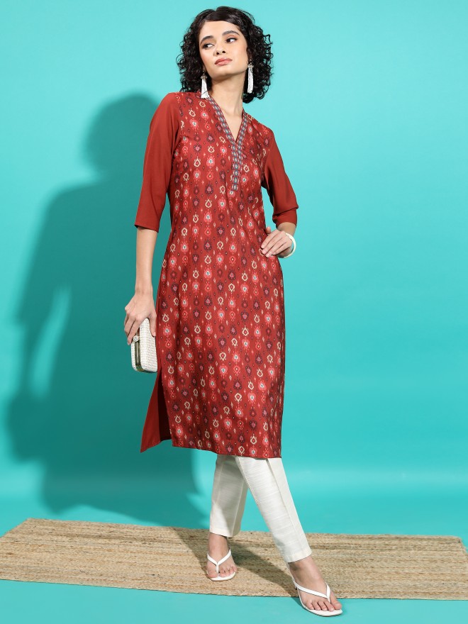 Buy Vishudh Rust Ethnic Motifs Straight Kurta For Women Online At Rs