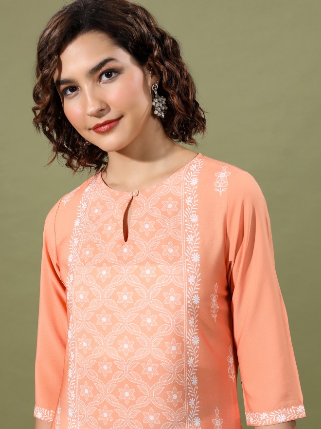 Buy Vishudh Peach Ethnic Motifs Straight Kurta For Women Online At Rs