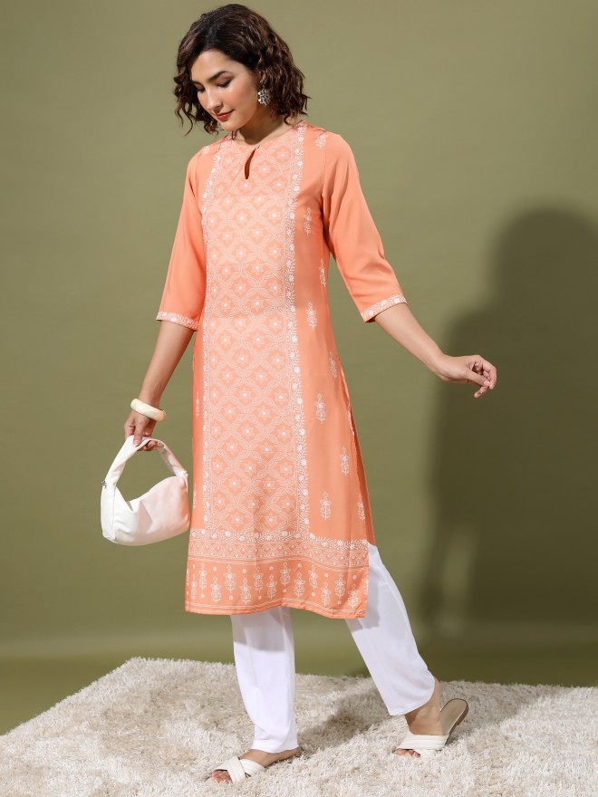 Buy Vishudh Peach Ethnic Motifs Straight Kurta For Women Online At Rs