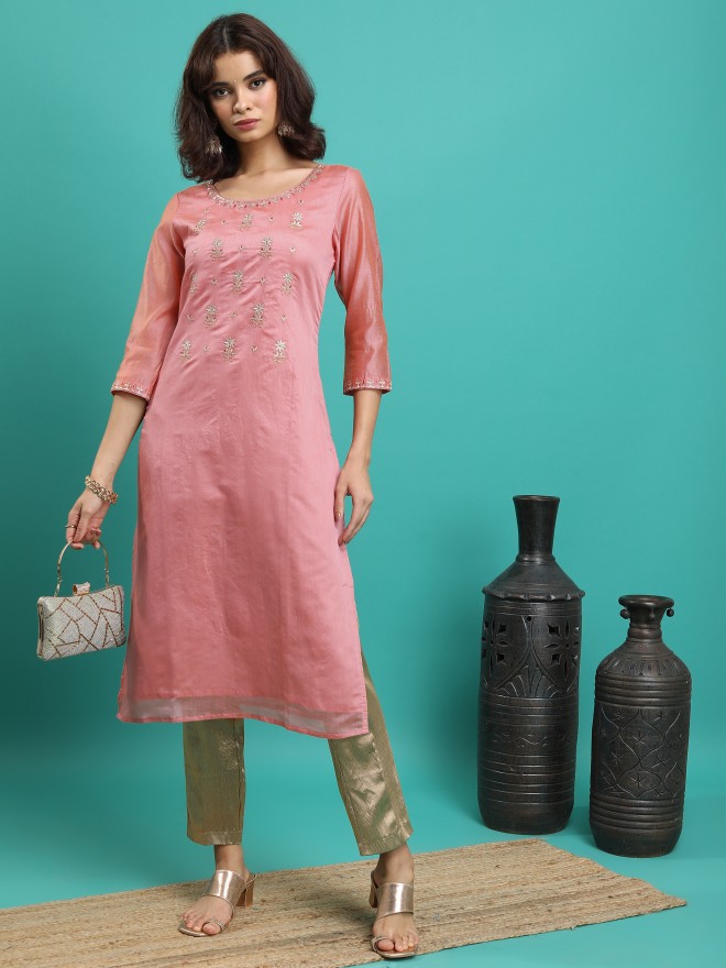 Buy Vishudh Peach Woven Design Straight Kurta For Women Online At Rs