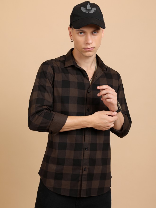 Buy Highlander Brown Black Checked Slim Fit Casual Shirt For Men Online