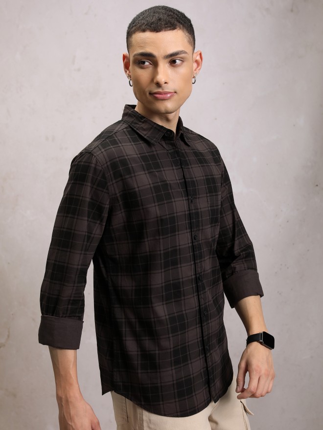 Buy Highlander Brown Black Checked Slim Fit Casual Shirt For Men Online