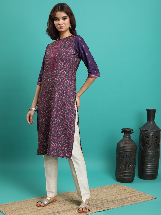 Buy Ketch Dark Purple Ethnic Motifs Straight Kurta For Women Online At