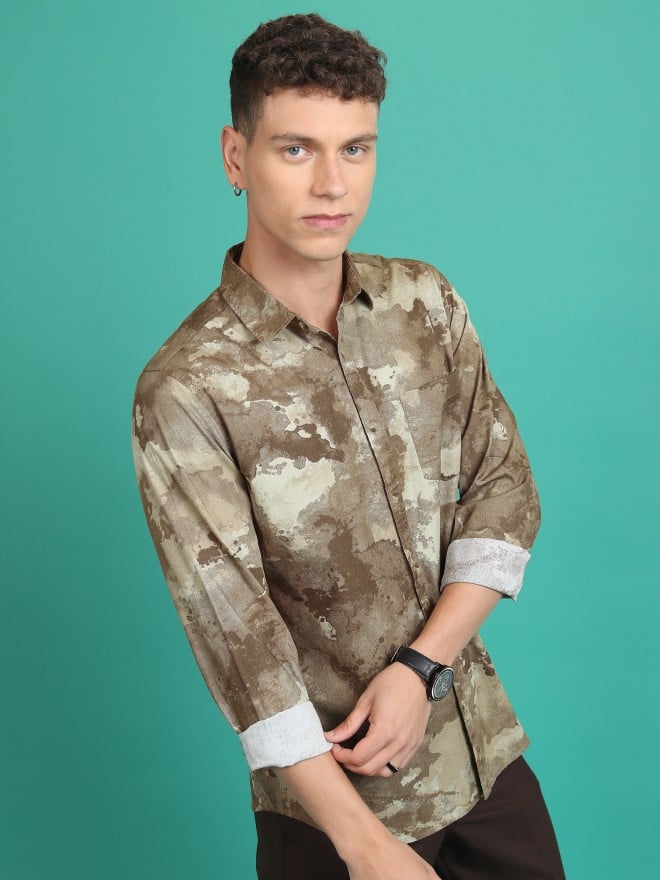 Buy Highlander Olive Khaki Printed Slim Fit Casual Shirt For Men Online