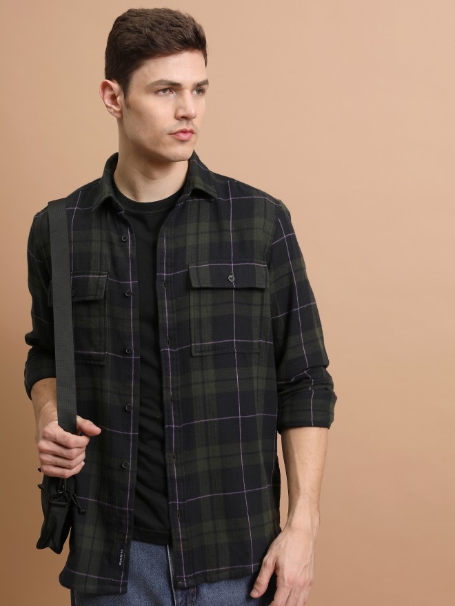 Buy Highlander Flannel Green Black Checked Relaxed Fit Casual Shirt For