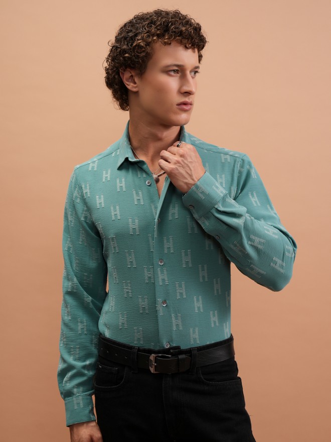 Buy Highlander Sea Green Self Design Slim Fit Casual Shirt For Men