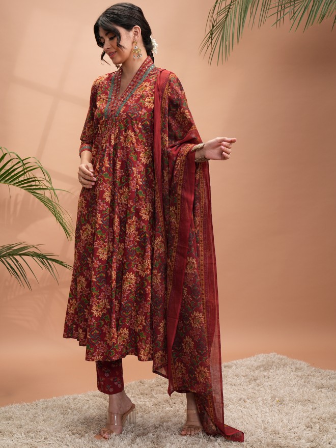 Buy Vishudh Pure Viscose Modal Muslin Floral Print V Neck With Sequin