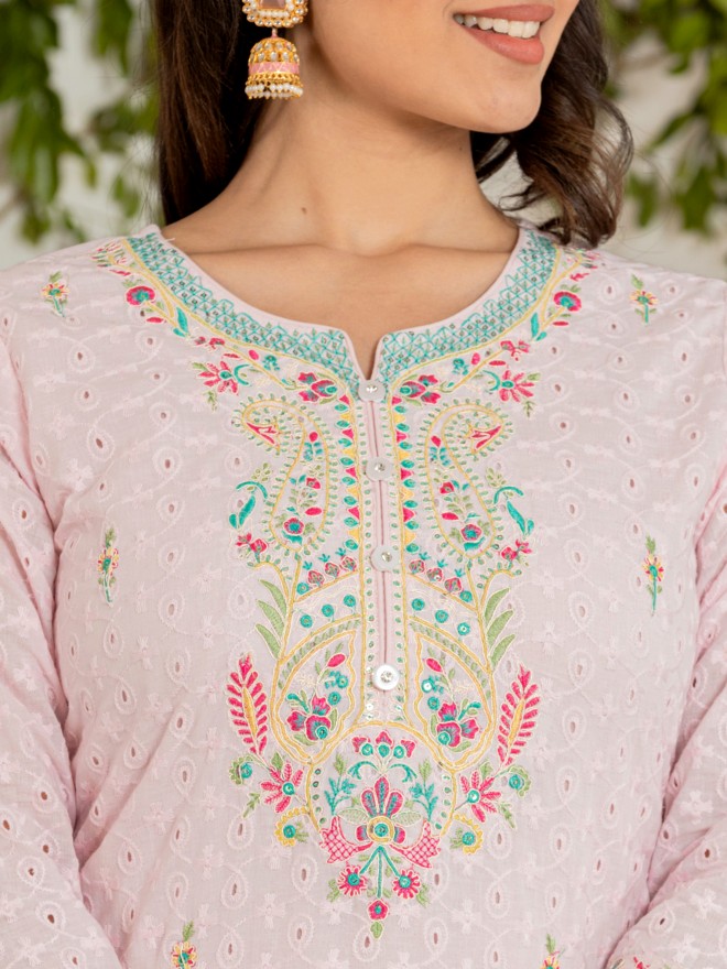 Buy Vishudh Pink Embroidered Kurta With Trouser And Dupatta For Women