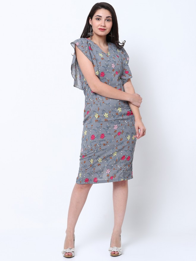 Buy Tokyo Talkies Grey Printed Straight Sheath Dress For Women Online