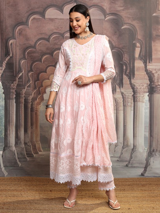 Buy Vishudh Peach Embroidered Kurta With Trousers And Dupatta For Women