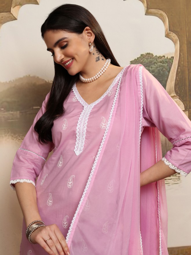 Buy Vishudh Pink Embroidered Kurta With Trousers And Dupatta For Women