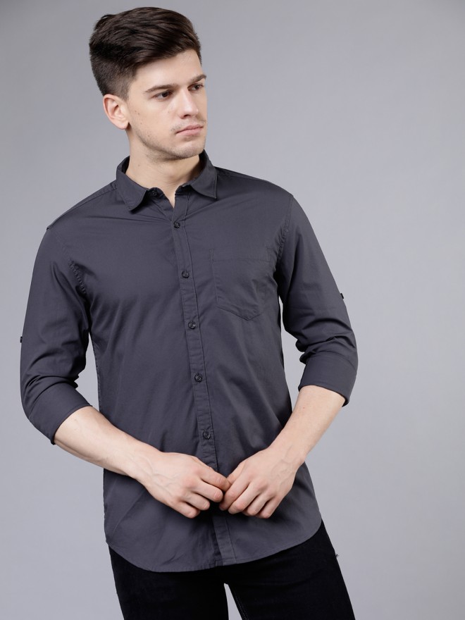 Buy Highlander Dark Grey Slim Fit Solid Casual Shirt for Men Online at ...