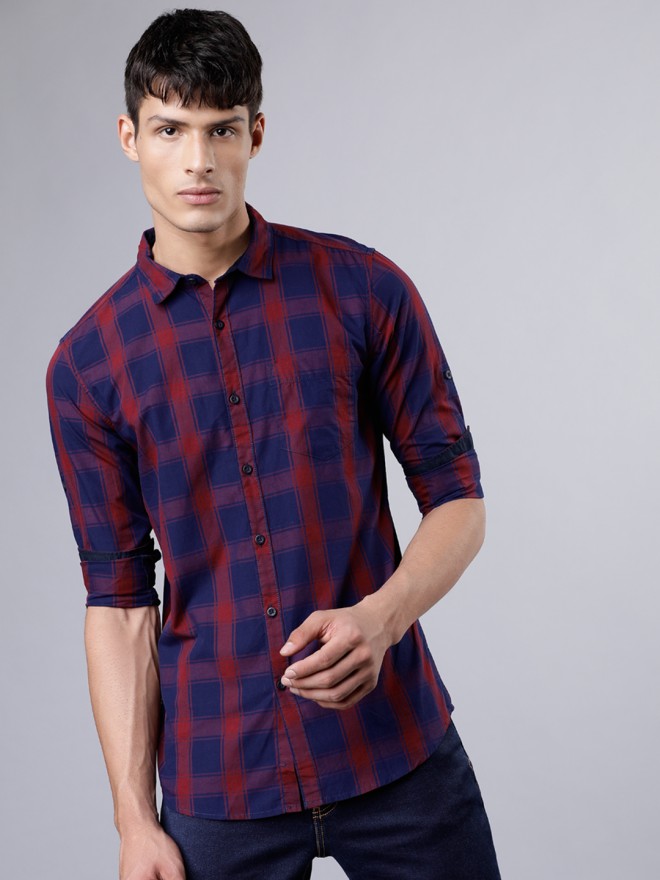 Buy Highlander Navy Blue & Maroon Slim Fit Checked Casual Shirt for Men ...