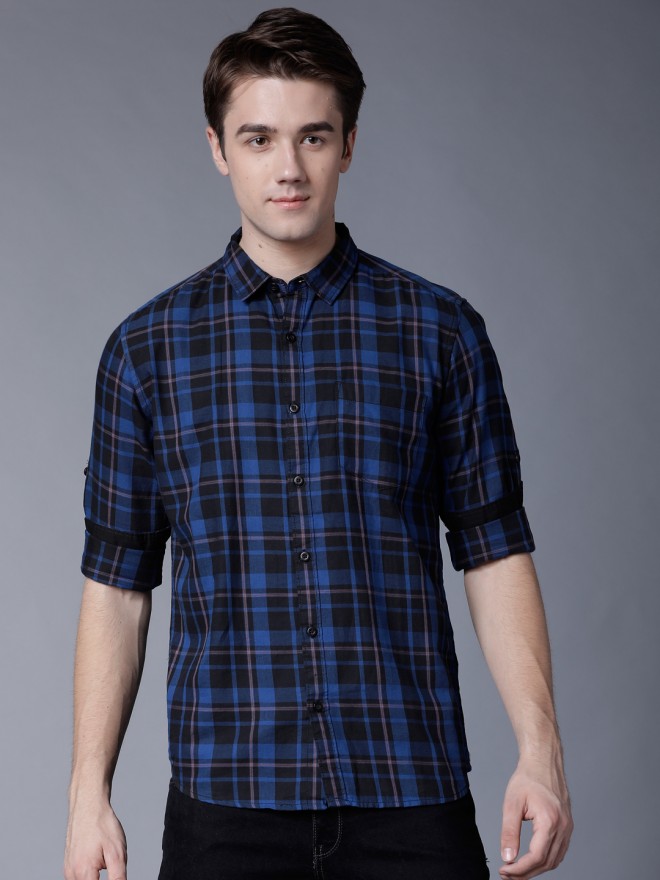 Highlander Men Blue Checked Slim Fit Casual Shirts 