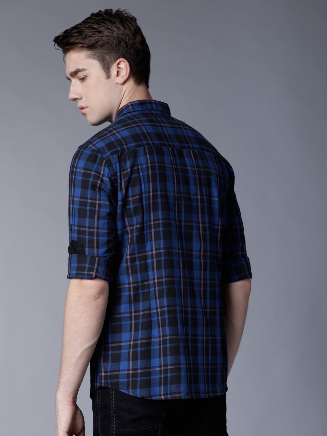 Highlander Men Blue Checked Slim Fit Casual Shirts 