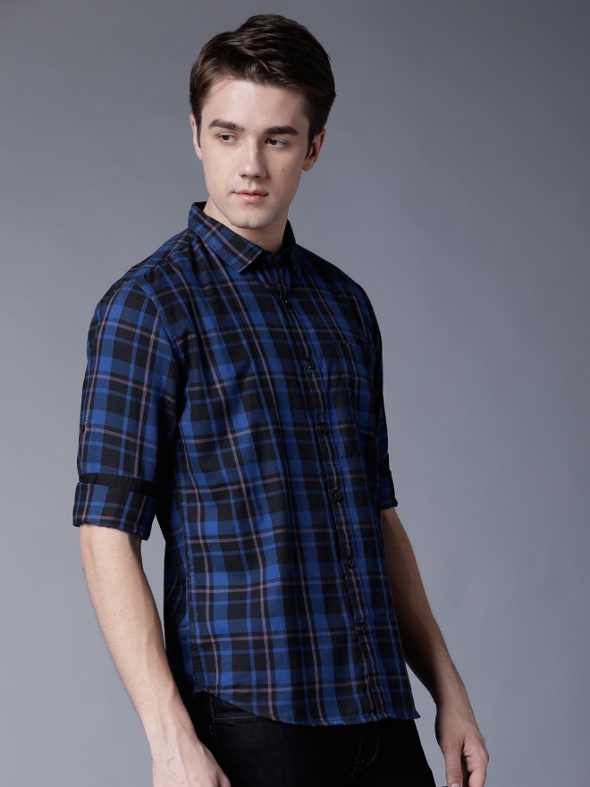 Highlander Men Blue Checked Slim Fit Casual Shirts 