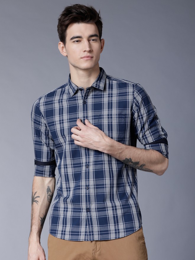 Buy Highlander Navy Blue & Off-White Slim Fit Checked Casual Shirt for ...