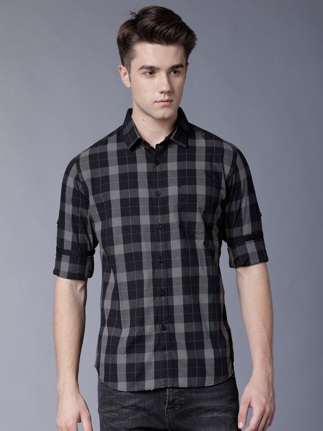 Buy Highlander Black/Grey Slim Fit Checked Casual Shirt for Men Online ...