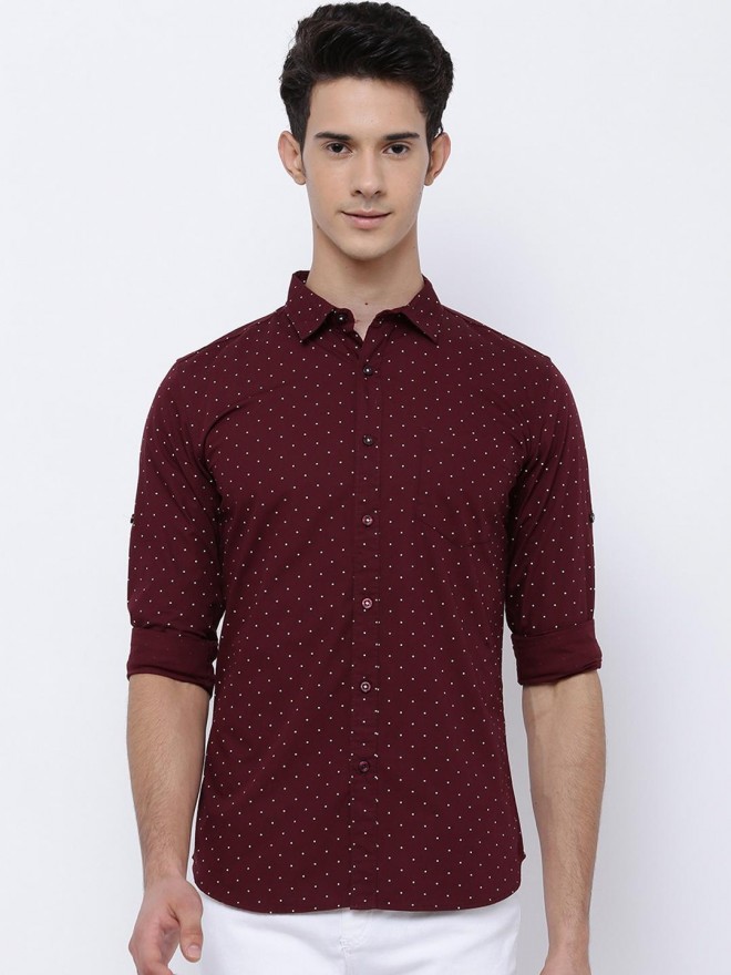 Buy Highlander Maroon & White Slim Fit Printed Casual Shirt For Men ...