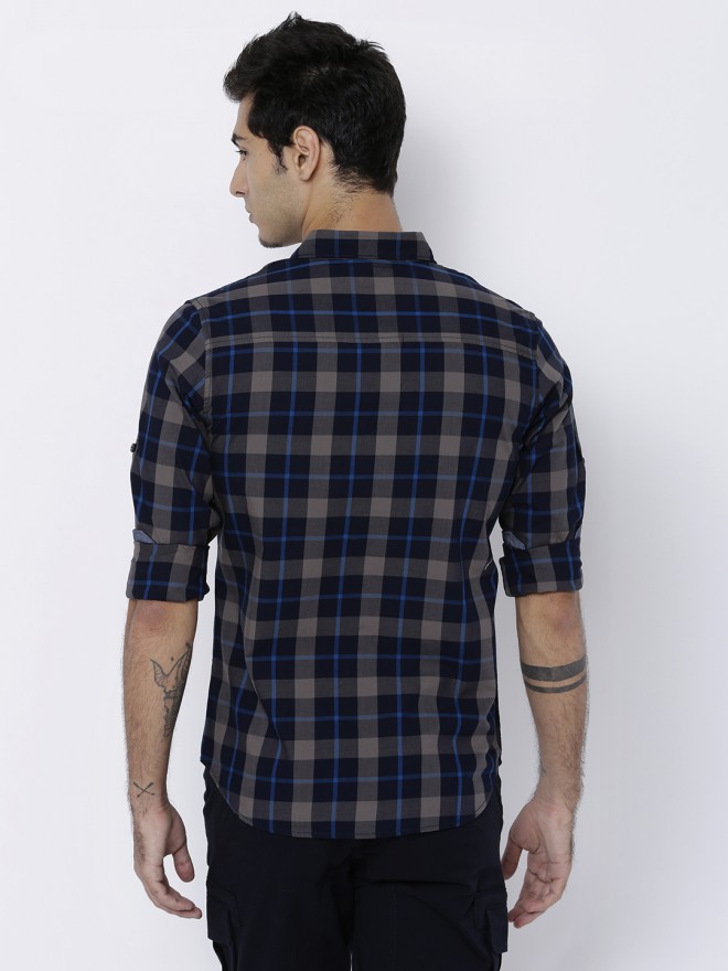 Locomotive Men Navy Blue Checked Slim Fit Casual Shirts 