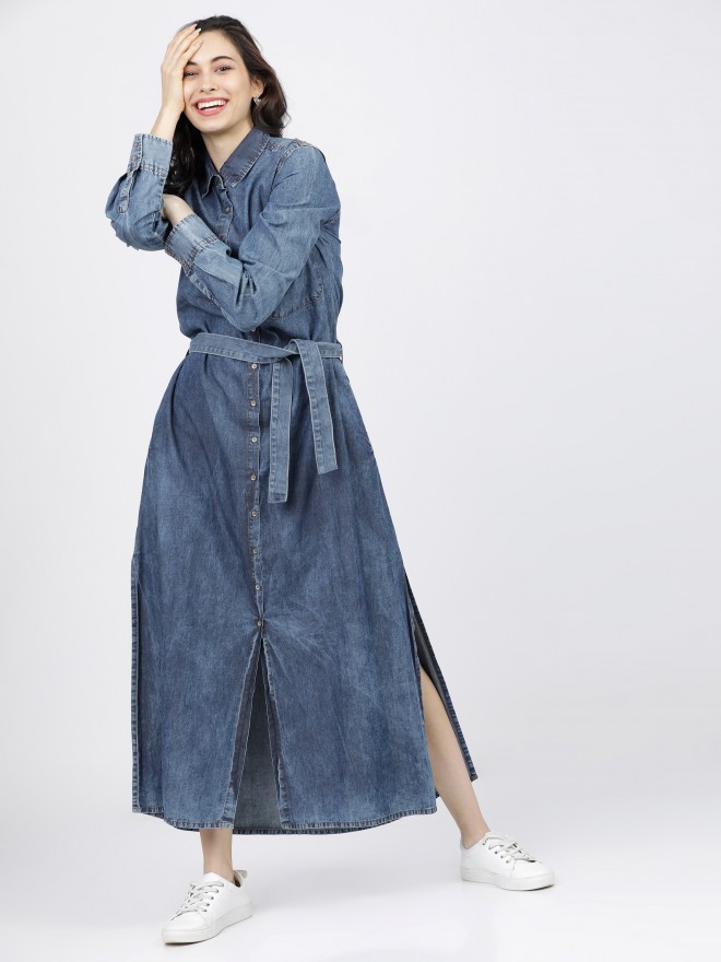 Buy Tokyo Talkies Navy Blue Solid Flared Shirt Dress For Women Online At Rs Ketch