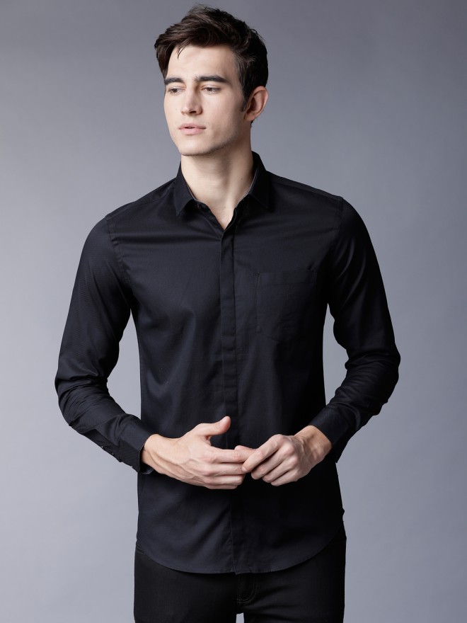 Buy Black Coffee Black Slim Fit Cotton Long Sleeves Shirt for Men ...