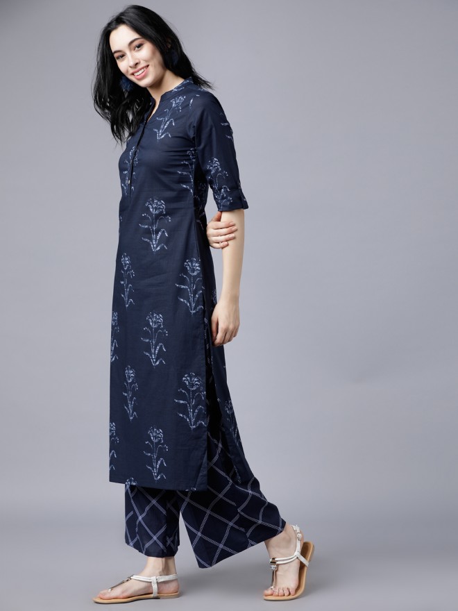Buy Vishudh Navy Blue Cotton Floral Print Kurta Set for Women Online at ...