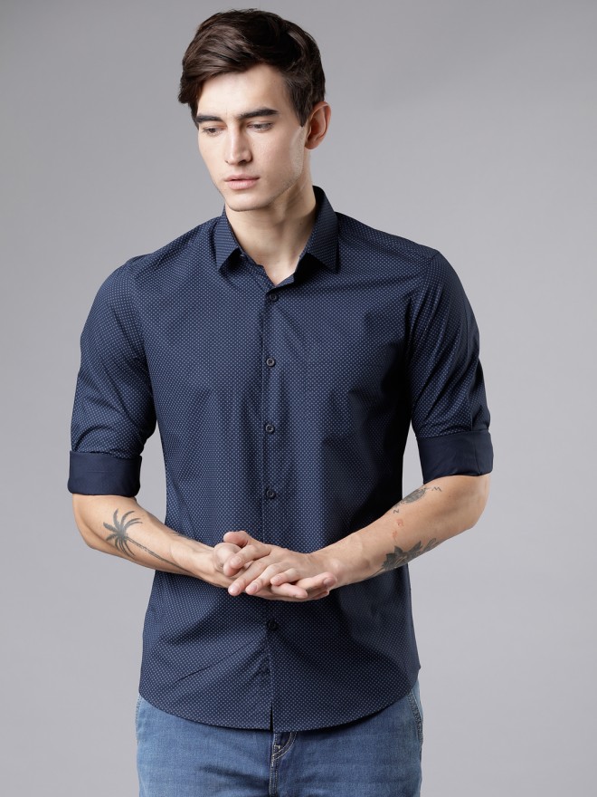 Buy Highlander Navy Blue/Blue Slim Fit Printed Casual Shirt for Men ...