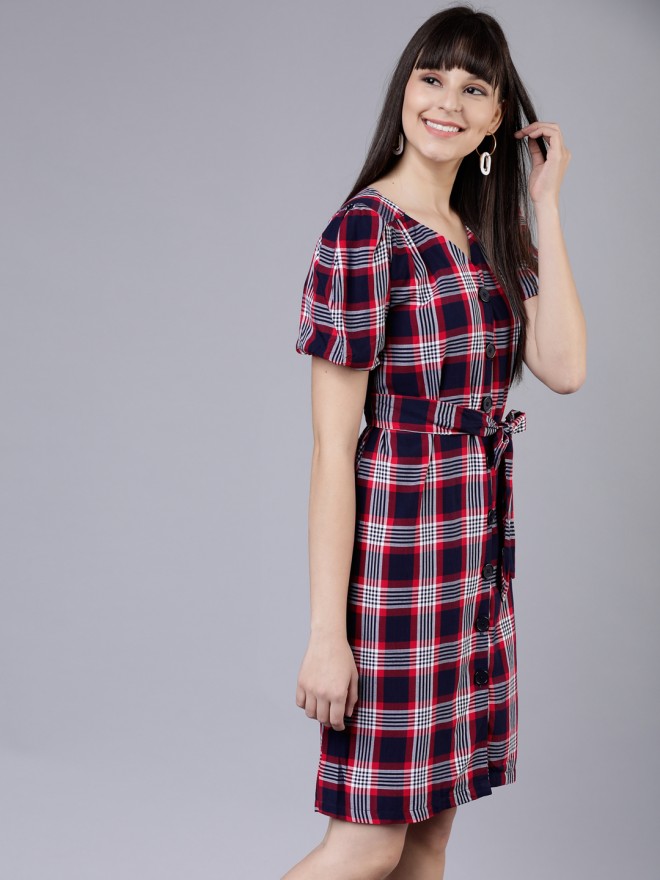 Buy Tokyo Talkies Navy Blue Red Solid Fit Flare Dress For Women