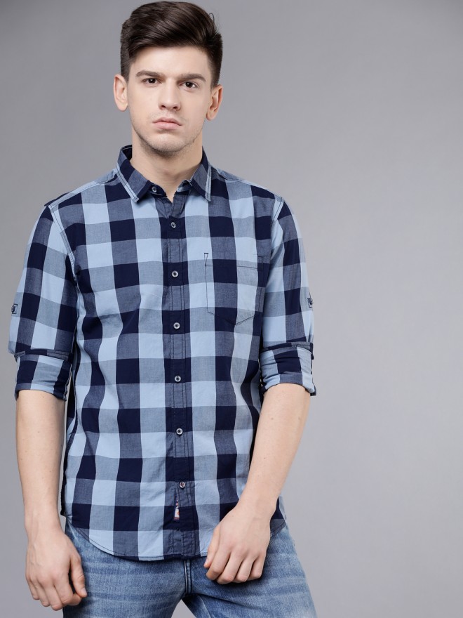 Buy Locomotive Blue & Navy Blue Slim Fit Checked Casual Shirt for Men ...