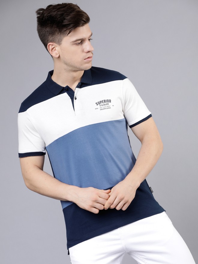 Buy Locomotive Navy Blue/White Casual Colourblocked Polo Collar T-shirt ...