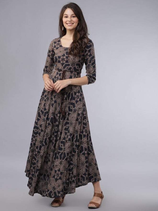 vishudh navy blue printed maxi dress