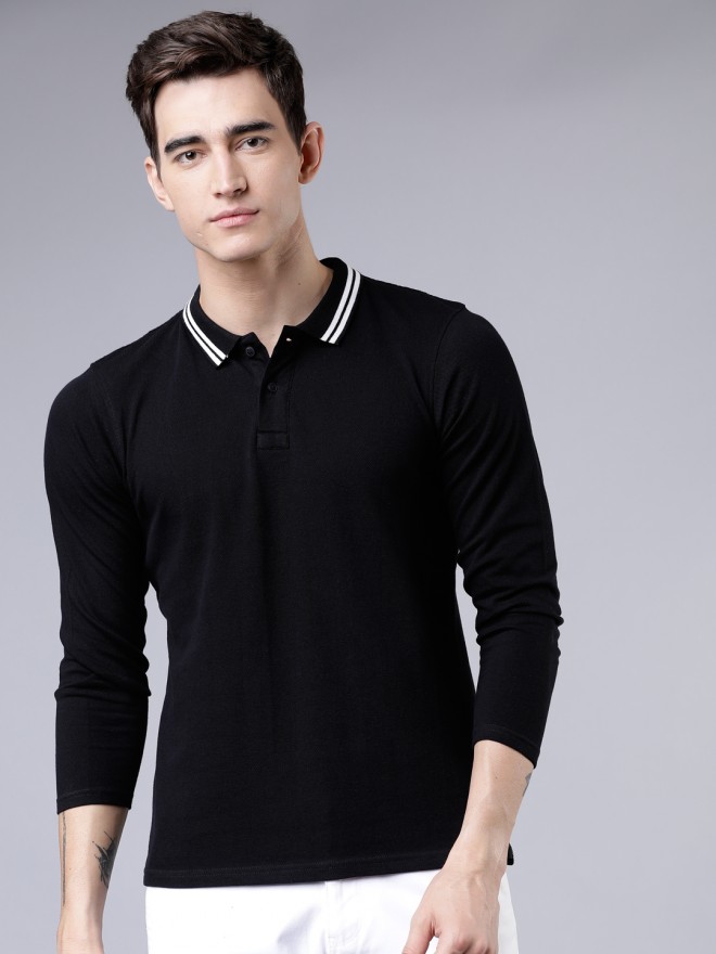 Buy Highlander Black/White Casual Solid Polo Collar T-shirt for Men ...