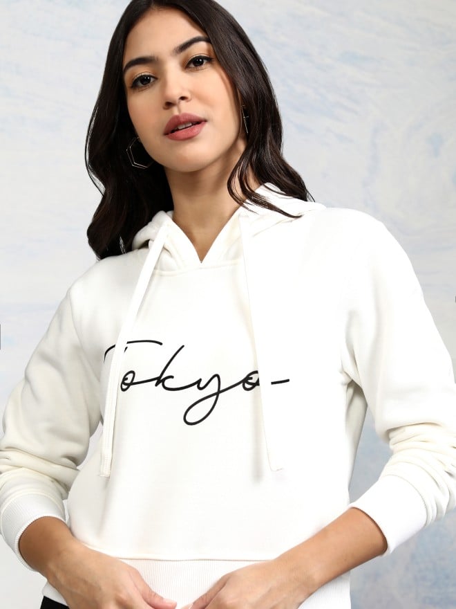 Tokyo Talkies Women White Printed Pullover Hood Sweatshirts 