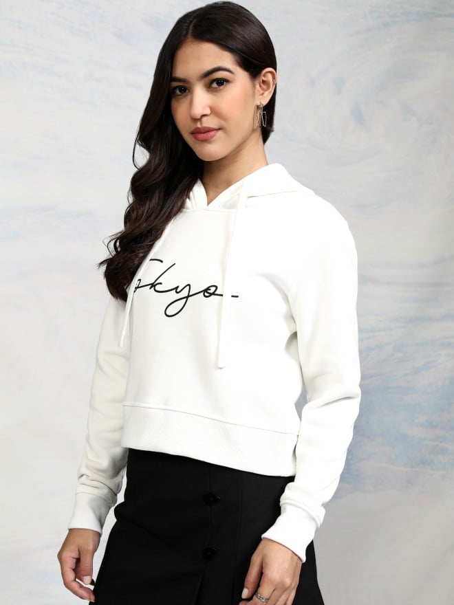 Tokyo Talkies Women White Printed Pullover Hood Sweatshirts 