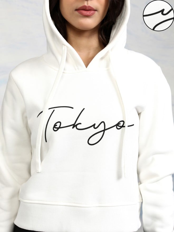 Tokyo Talkies Women White Printed Pullover Hood Sweatshirts 