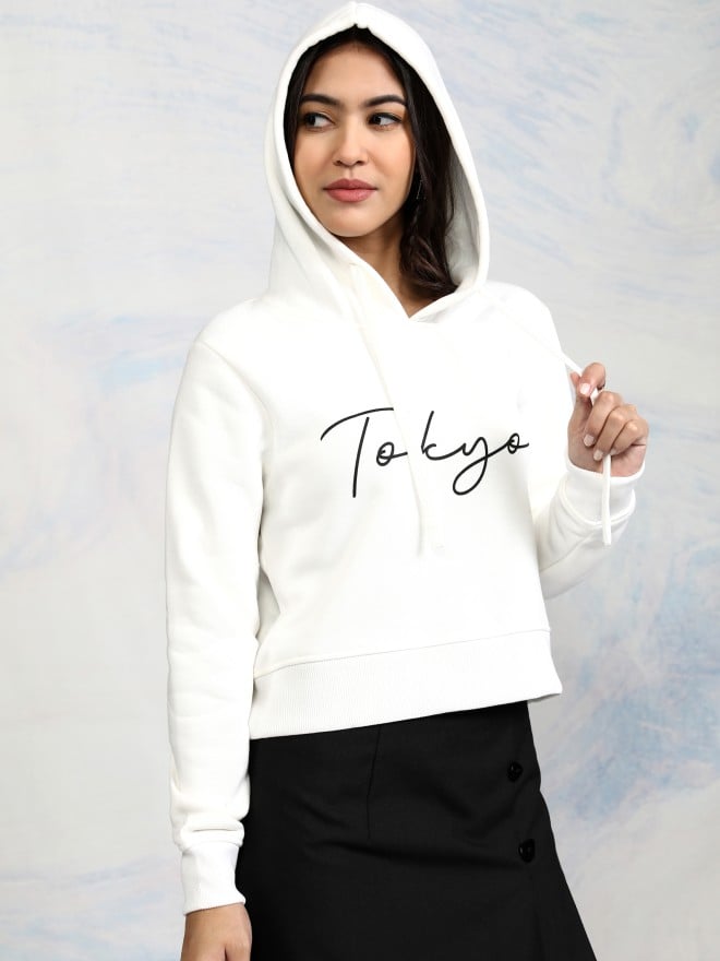 Tokyo Talkies Women White Printed Pullover Hood Sweatshirts 